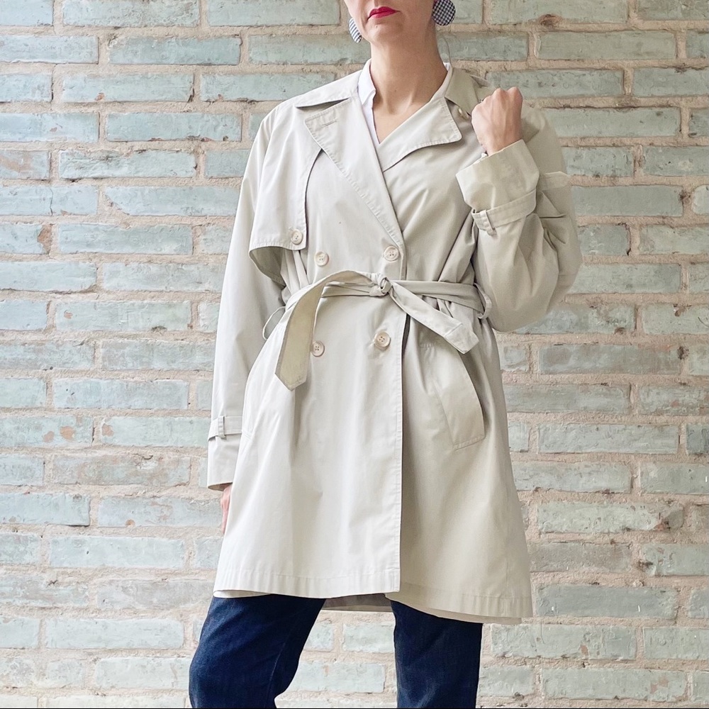 Talbots Trench Coat Light Beige Classic Double Breasted Knee Length Belted